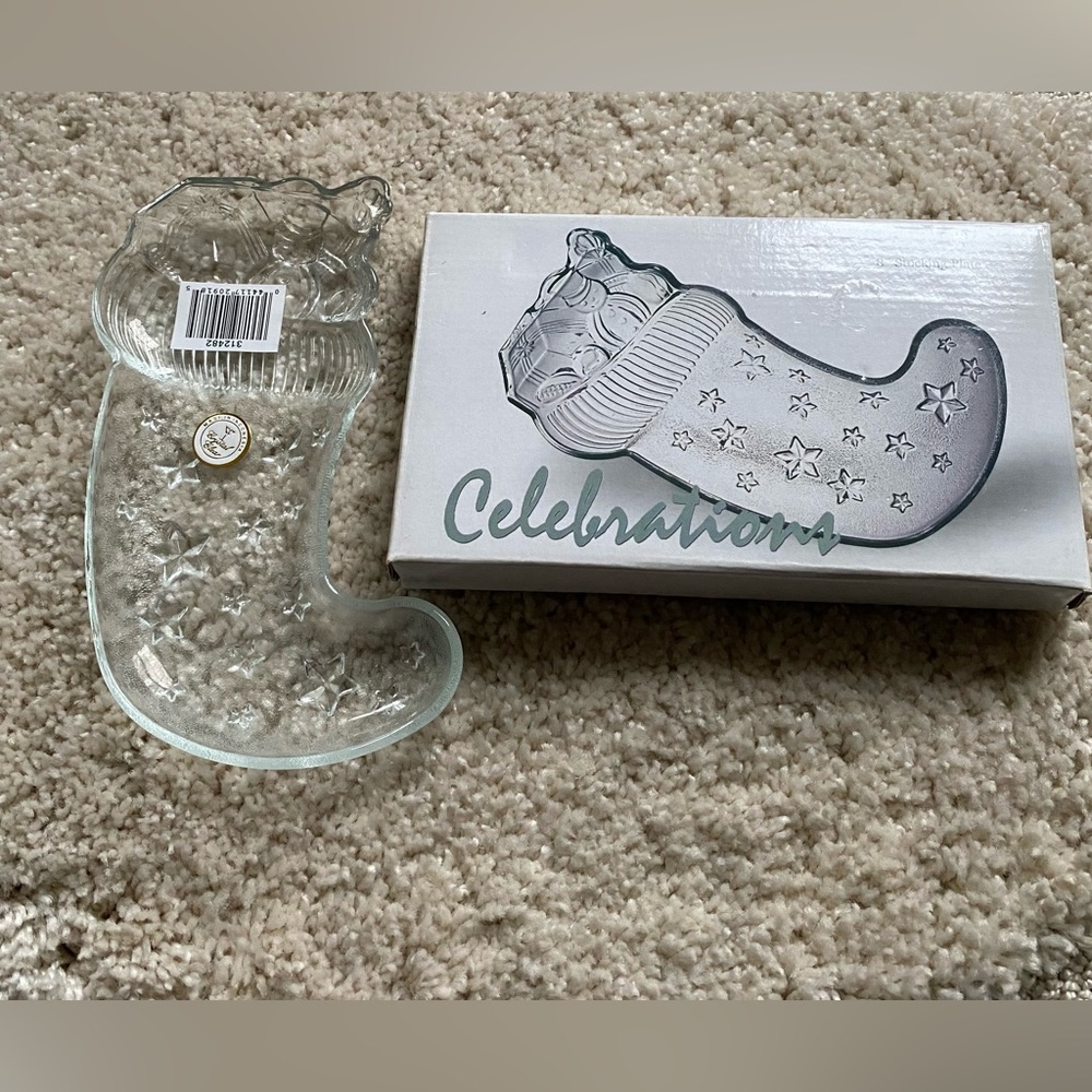Celebrations Christmas Stocking Glass 8” Plate Candy Dish Bowl Crystal Clear NEW